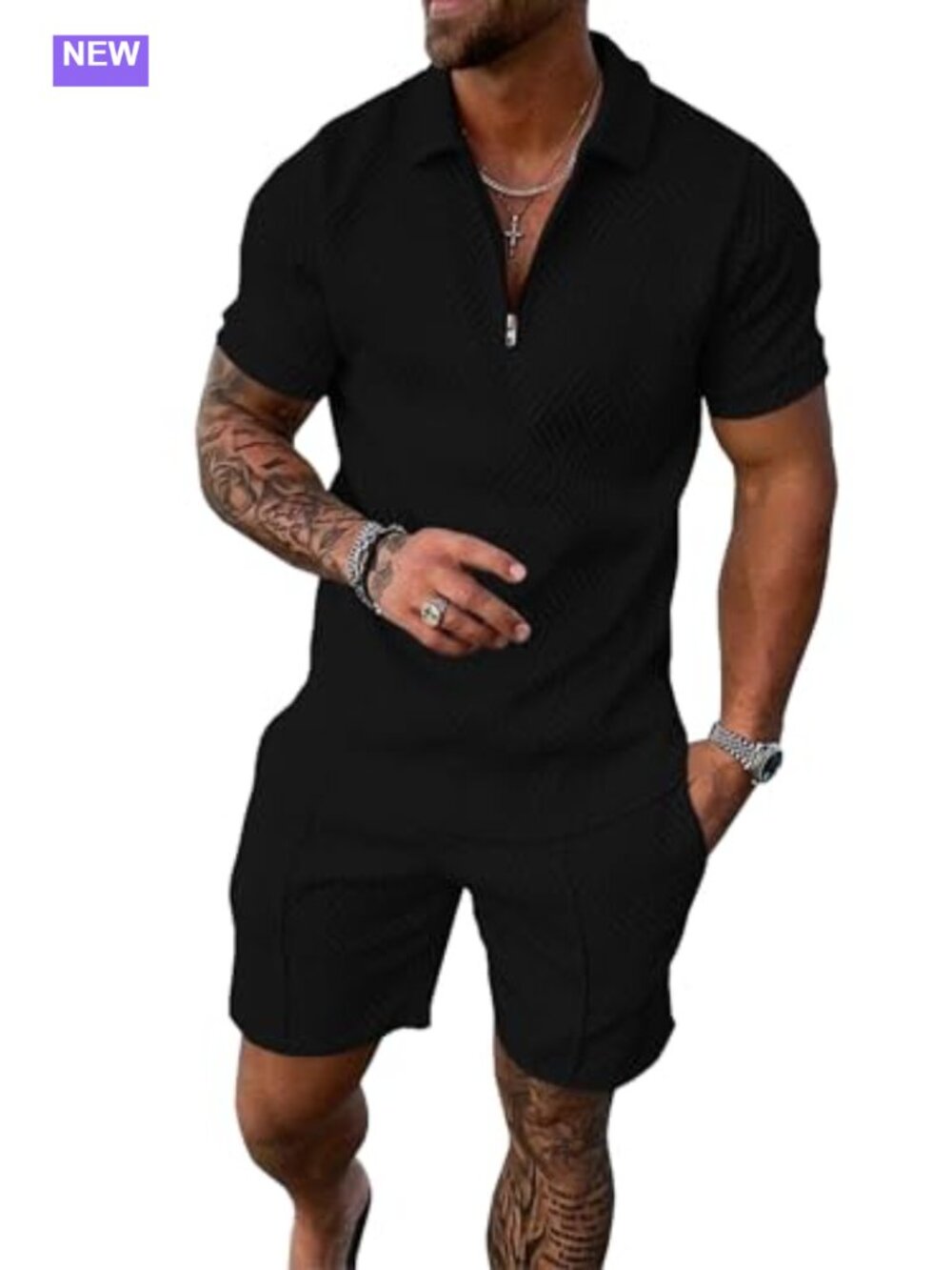 Men's 2 Piece Short Sleeve Sweatsuit Set Quarter Zip Polo Shirt & Shorts